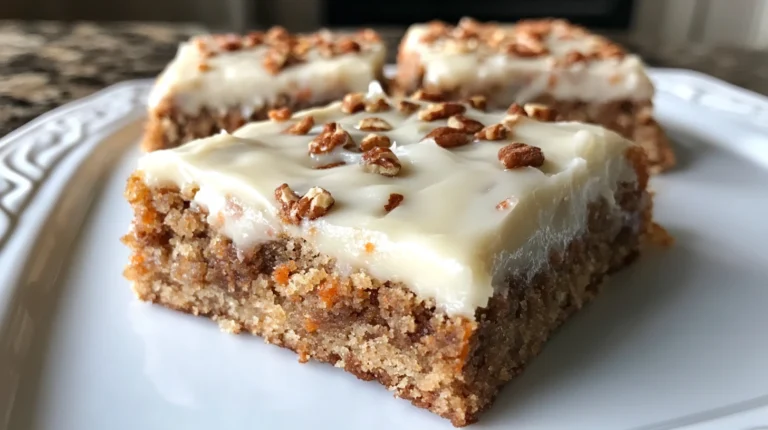 A close-up of a plate of carrot cake bars with cream cheese frosting and pecans.