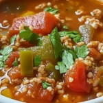 A close-up of a bowl of stuffed pepper soup with ground meat, vegetables, and rice.