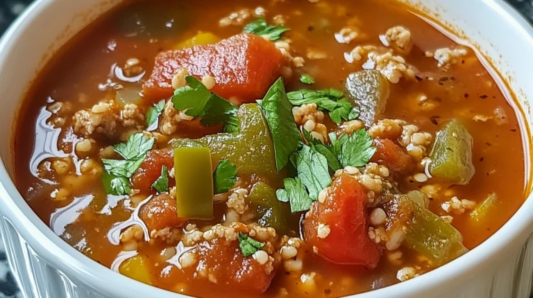 A close-up of a bowl of stuffed pepper soup with ground meat, vegetables, and rice.