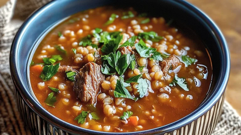 A bowl of hearty beef and barley soup with chunks of tender beef and barley grains.