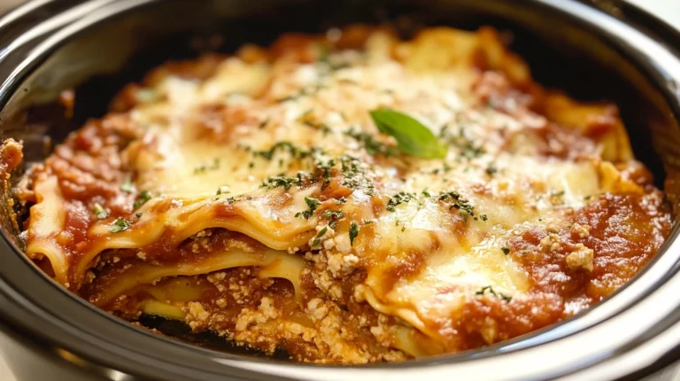 A close-up of a delicious crockpot lasagna with layers of cheese, sauce, and noodles.