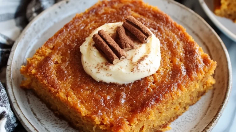 A slice of sweet potato cornbread topped with whipped cream and cinnamon sticks.