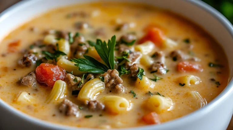 A close-up of a bowl of creamy macaroni and cheese soup with ground beef and vegetables.